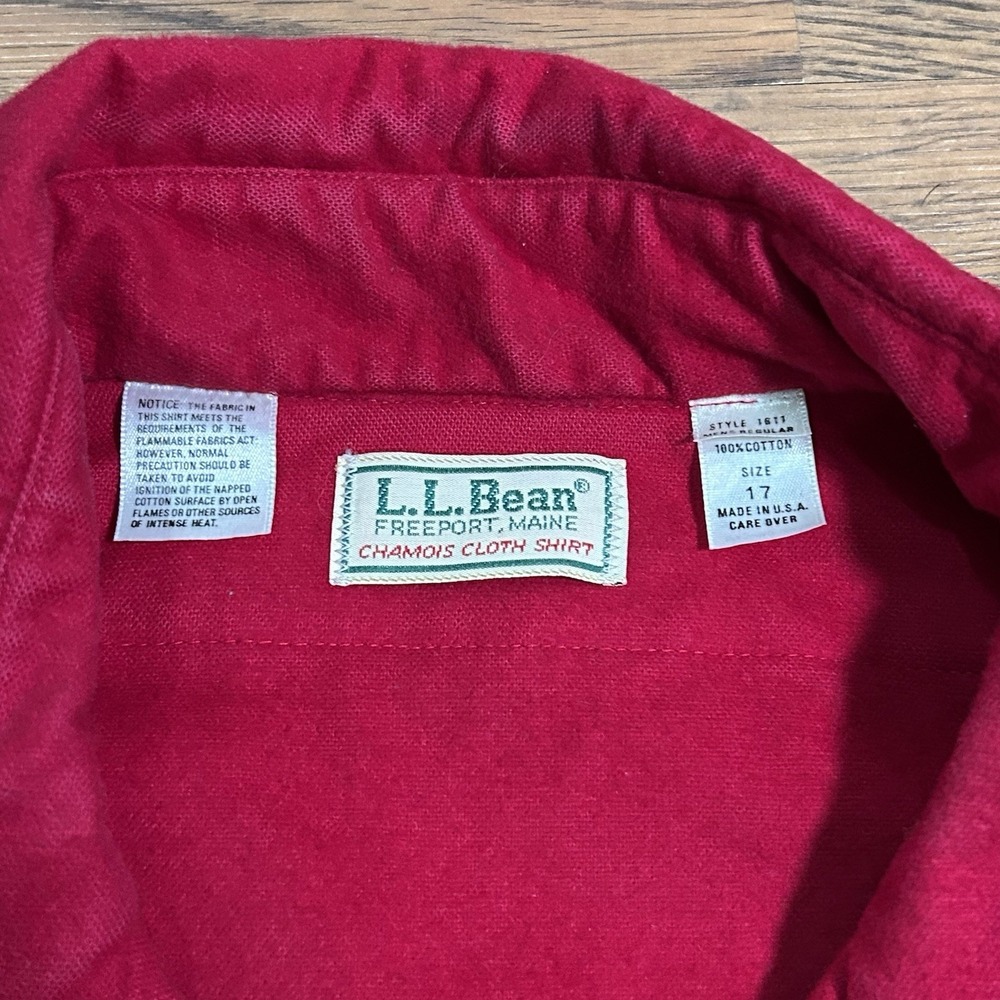 VTG LL Bean Chamois Cloth Shirt Mens 17 Large Regular Red Made in USA Button - Picture 4 of 11